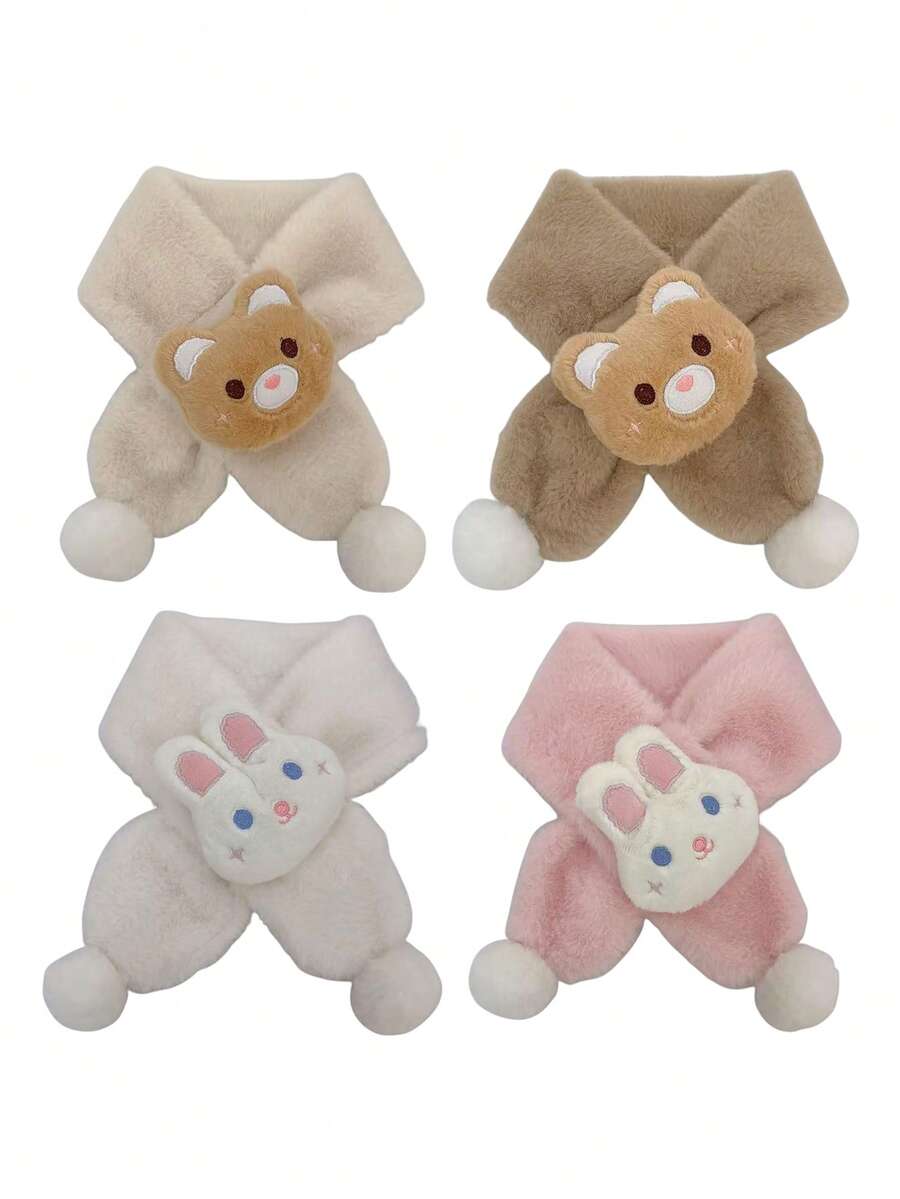 1条儿童可爱小熊兔子卡通围巾，保暖加厚毛绒交叉围脖，男女童皆宜，秋冬季