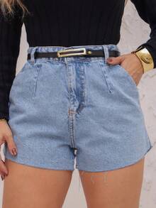 Black Denim Shorts With Belt, Women's 3062 Pengmoda - 中等水洗藍 - 查看 1
