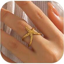 Starfish Statement Ring Women Stainless Steel Seashell Rings Opening Adjustable Gold Silver Starfish Ring Irregular Beach Rings Summer Beachy Ocean Jewelry - Nhẫn sao biển vàng - Xem 1