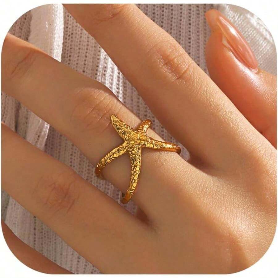 Starfish Statement Ring Women Stainless Steel Seashell Rings Opening Adjustable Gold Silver Starfish Ring Irregular Beach Rings Summer Beachy Ocean Jewelry - Nhẫn sao biển vàng - Xem 1