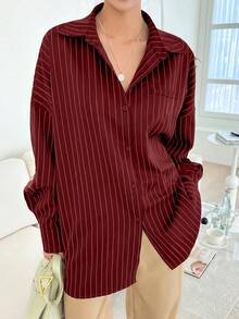 Red & White Striped Front Button Pocket Long Sleeve Shirt, Autumn Spring - Red - View 5