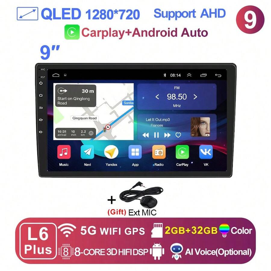 LEHX 8Core 9 pulgadas Universal 2din inalámbrico Carplay Android 15 Radio de coche reproductor de vídeo Multimedia AutoRadio navegación GPS 4G WiFi - 9-L6 Plus (2-32 GB) - Ver 1