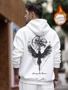 K-GLORY 男士罗盘与渡鸦元素宽松袋鼠口袋连帽卫衣，引领时尚，秋冬款 - 白色 - 查看 2