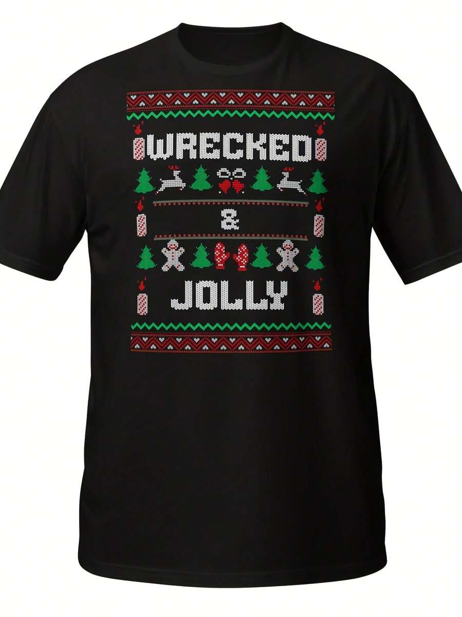 Wrecked And Jolly Cistmas Shirt Funny Xmas Drinking Tee Ugly Day Sweater Style T-Shirt Fest Party Top Gift Idea - 款式15 - 查看 1