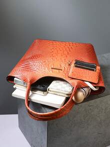 2pcs Elegant Women's Tote,Elegant Large-Capacity Women's Tote | Solid-Color Crocodile-Patterned PU Bag With Secure Zipper, Multi-Pockets, Fixed Strap - Suitable For Work & Outings - trái cam - Xem 7