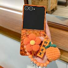 1pc Women's Foldable Phone Case With Flower Stand & Lanyard, Orange Shell, Fashionable & Popular New Model, Lightweight Protective Cover Compatible With Samsung Galaxy Z Fold 7, Galaxy Z Fold 6, Galaxy Z Fold 5 & Galaxy Z Flip7, Galaxy Z Flip6, Galaxy Z Flip5 - trái cam - Xem 9