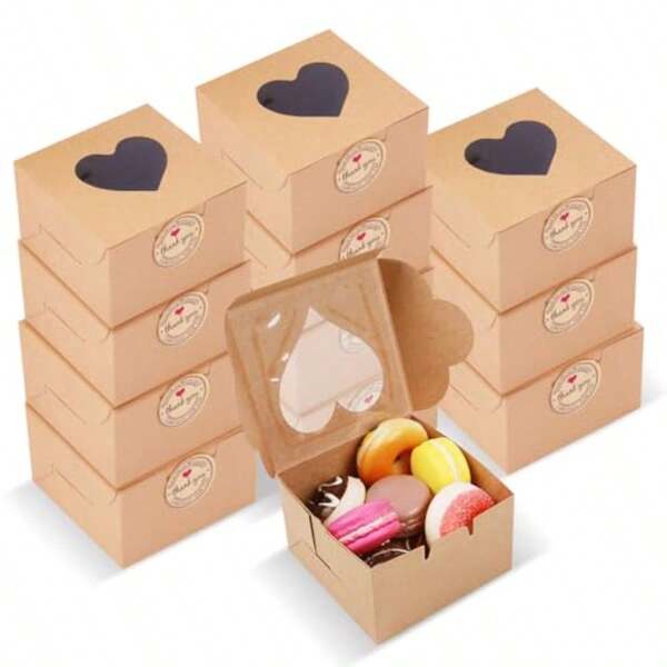 PEKGLOW 50 Pcs Brown Kraft Paper Boxes With Heart Window Mini Cake And Pastry Bakery Boxes Versatile Gift Packaging For Baked Goods Valentines Day Weddings Birthdays