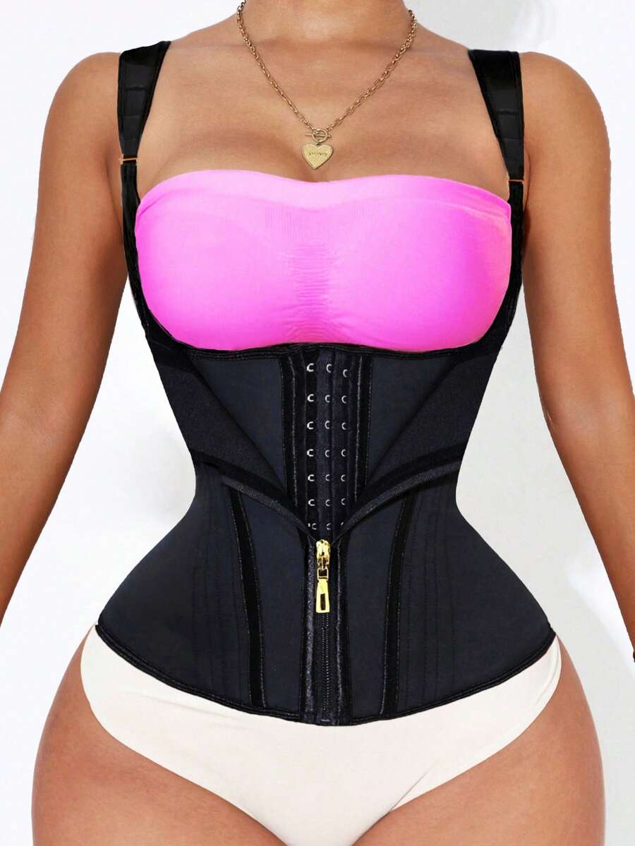 1pc Adjustable Zipper Waist Trainer, Double Compression Waist Belt With Steel Boning - Black - View 1