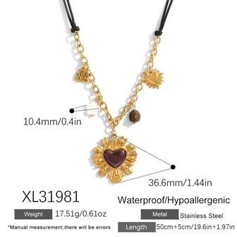 1 件不锈钢和皮革项链，空心玫瑰花、贝壳和天然石吊坠，超大心形吊坠，欧式风格，颈链