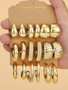 9pairs Fashionable And Elegant New Style Multi-Combination Shape Gold-Plated Plastic Earrings Set,The First Choice For Daily Matching And Gifting