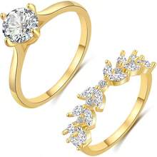 Cubic Zirconia Gold Rings Women Non Tarnish  Dainty 14K Gold Plated Stackable Princess Cut Engagement Ring Set Wedding Promise Rings Her Jewelry Size 6 8 9 10 11 - C-2 pcs Cincin Berlian + 11 - View 1