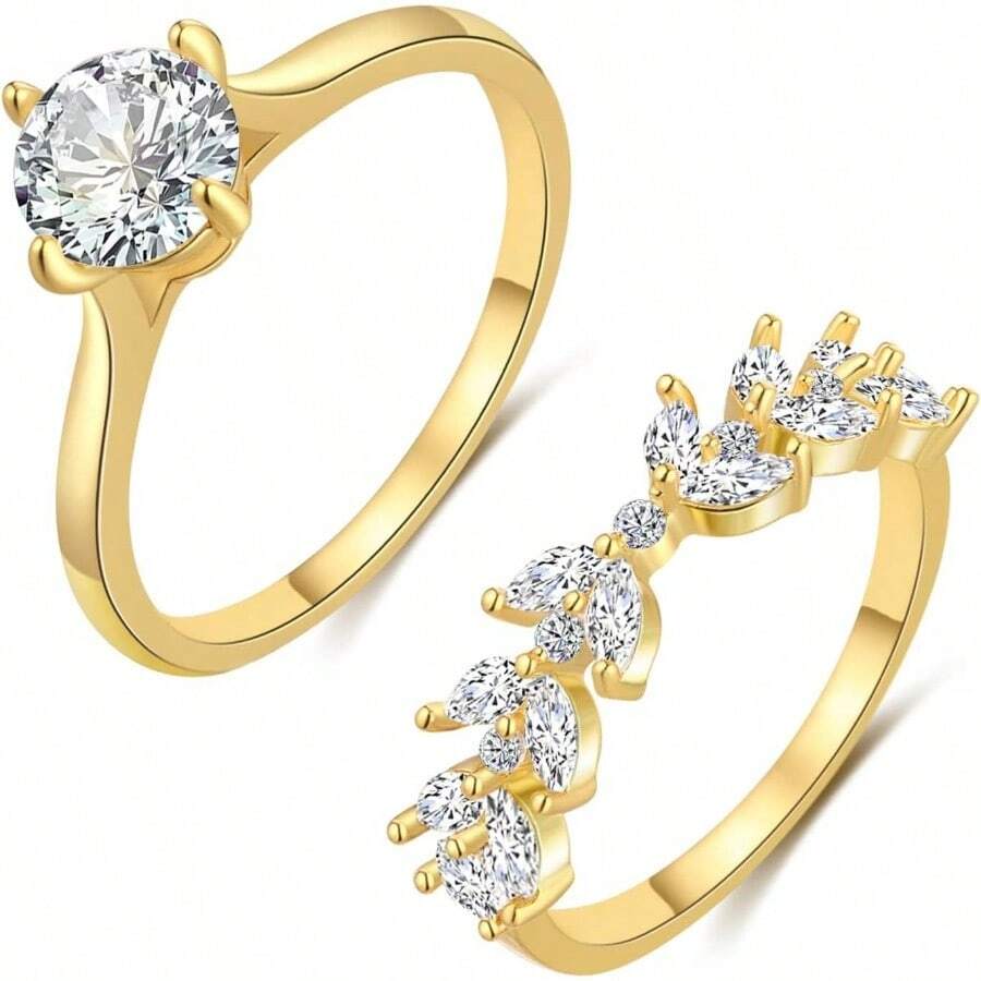 Cubic Zirconia Gold Rings Women Non Tarnish Dainty 14K Gold Plated Stackable Princess Cut Engagement Ring Set Wedding Promise Rings Her Jewelry Size 6 8 9 10 11 - C-2 pcs Cincin Berlian + 11 - View 1