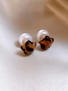 1 Coppia di orecchini di moda Meilad con stampa leopardata frontale e posteriore e pendente a stella con perle, gioielli di moda da donna, adatti per banchetti, feste quotidiane, appuntamenti e uso quotidiano