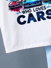 2pcs/Set Young Boy Slogan & Car Print Round Neck Short Sleeve Casual T-Shirt And Shorts Set - White - View 5