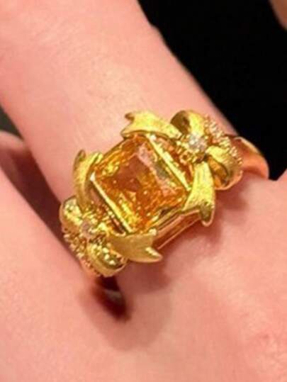 1pc New Chinese Style Cubic Zirconia Square Sugar Bow Knot Open Ring, Delicate Luxurious Personalized Versatile High-End Accessory Suitable For Women's Daily Wear