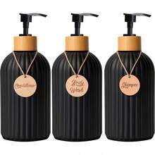 CAVIGLTE 3PCS Dispensador de Jabon Baño, 500ML Dispensador de Jabon,Despachador deón Líquido con 3 Etiquetas de Madera para Cocina,Baño - 1 - Ver 2