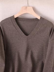 GIGOGOU Women's Solid Color Knit Basic Thin V-Neck Casual Sweater Top, Soft Long Sleeve, Suitable For Daily Home Wear, Spring And Autumn Green Autumn Top Fall - Coffee Brown - View 4