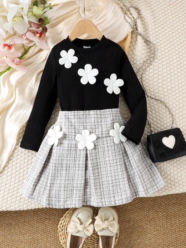 Conjunto de 2 peças de blusa e saia de manga comprida com gola redonda e floral 3D estilo floresta elegante para meninas, primavera/outono