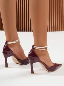 Giày cao gót mũi nhọn thời trang nữ màu đỏ tía 2025 mới, khoét lỗ đa năng gợi cảm có dây ngọc trai, giày cao gót cao cấp thoải mái, giản dị, màu đỏ tía - Màu Đỏ Sâu - Xem 6