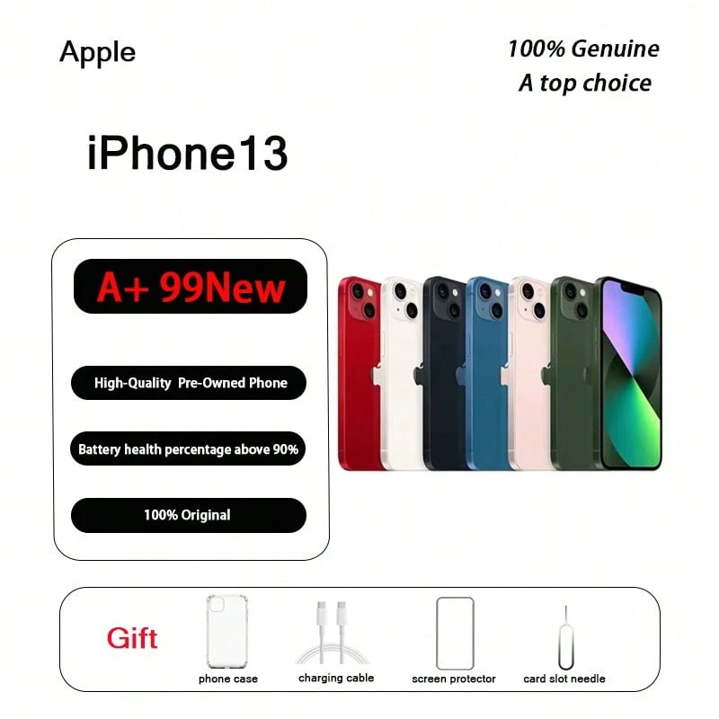 Apple A+级二手苹果iPhone 13，原装正品，近乎全新（99%新）；手机和保护壳均包含在内。
