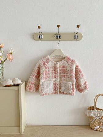 1pc Toddler Boys/Girls Casual Cute Plaid Fleece Thick Warm Long Sleeve Jacket, Autumn/Winter