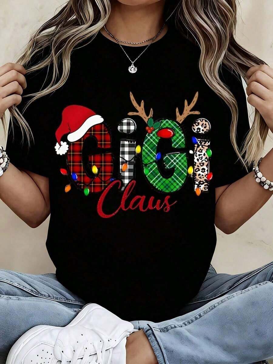 Christmas Gigi Claus T-Shirt Women's Holiday Plaid Reindeer Santa Hat Printed Graphic Tee Christmas Gift For Her Funny Xmas Top - màu đen - Xem 1