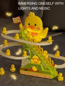 儿童小鸭滑梯轨道灯光音乐自动爬楼梯电动声光玩具男孩女孩可爱造型适合3岁以上生日礼物 - 彩色 - 查看 3