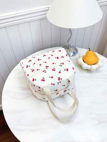 Portable Insulated Lunch Bag; Thickened Cute Lunch Fruit Bag For Students; Pink Asymmetrical Bow Heart Print - Beige - View 2