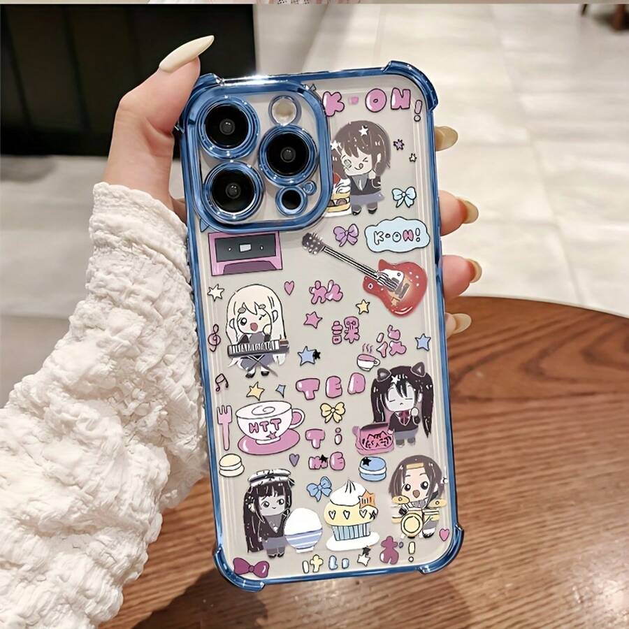 Funda para Teléfono con Diseño de Stickers K-ON!Anime Japonés, Súper Cute, Compatible con 17, 16E, 16, 15, 14, 13, 12, 11 Pro X XR XSMAX 8 Plus, Antigolpes, Transparente y con Respaldo Suave.17  17promax - Azul - Ver 1