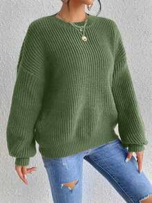 Women's Solid Color Round Neck Long Sleeve Casual Ribbed Knit Sweater - Olive Green - View 3