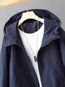 女士休闲连帽宽松外套，军装风防风衣 - 藏蓝色 - 查看 3