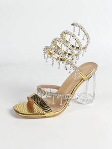 Sandalias de tacón grueso con cristales para mujer, con punta cuadrada, tira envolvente con strass y estampado de serpiente, estilo abierto, versátil para uso básico y de fiesta, para verano/otoño - Dorado - Ver 16