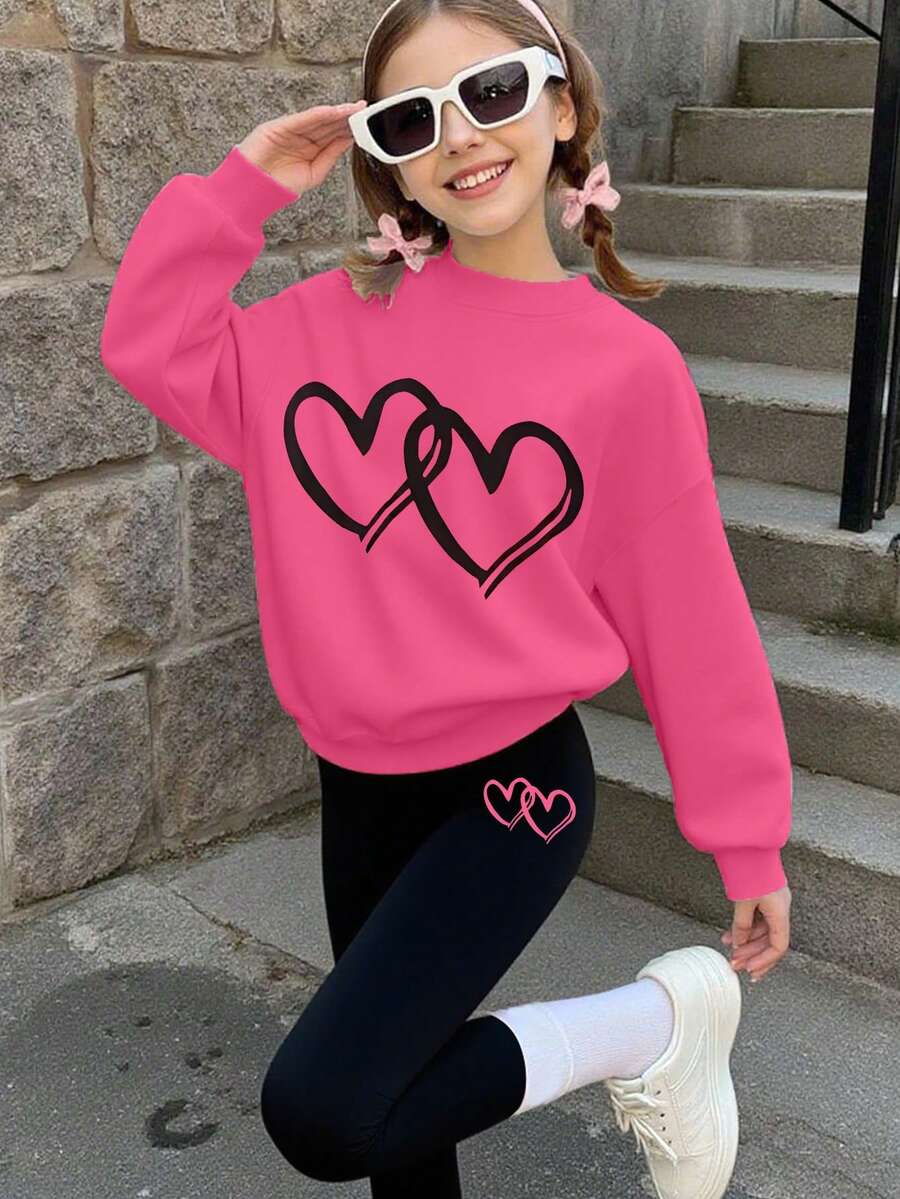 Conjunto de sudadera y leggings con estampado de corazones dobles, estilo lindo y dulce para niña. Suave y cómodo, para uso diario y escolar en primavera y otoño. - Rosa Fucsia - Ver 1