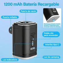 VOURTM Bomba de Aire Eléctrica, 3 En 1 Bomba de Aire Portátil con Luz de Camping, Inflado y Desinflado Rápido, Equipado con 5 Boquillas y 1200 mAh Batería,para Colchón Inflable,Flotador,Juguetes - Negro - Ver 10