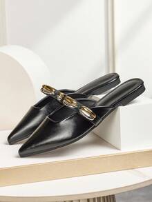 Pointed Toe Black High-End French Chic Mule Slippers For Women, New Style Suitable With Dresses, Solid Color Fashion Ladies Outdoor Sandals, All Season - Black - View 4