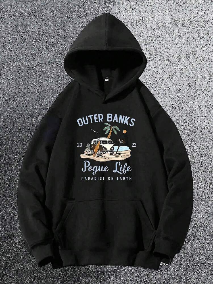 1 sudadera casual para hombre inspirada en, con estampado de palmeras geométricas y autobús, sudadera de manga larga con bolsillo canguro, tejido de punto de poliéster de ajuste holgado para todas las estaciones XXMY - Negro - Añade 1
