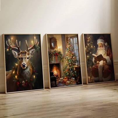 Set de 3 piezas de arte de pared de lienzo navideño - Impresiones de reno, Papá Noel y árbol para decoración festiva del hogar - Perfecto para decoración del hogar, decoración de habitaciones, decoración de dormitorios, decoración de salas de estar, decoración de baños, decoración de paredes, decoraciones navideñas para el hogar, con opción de arte de pared con marco