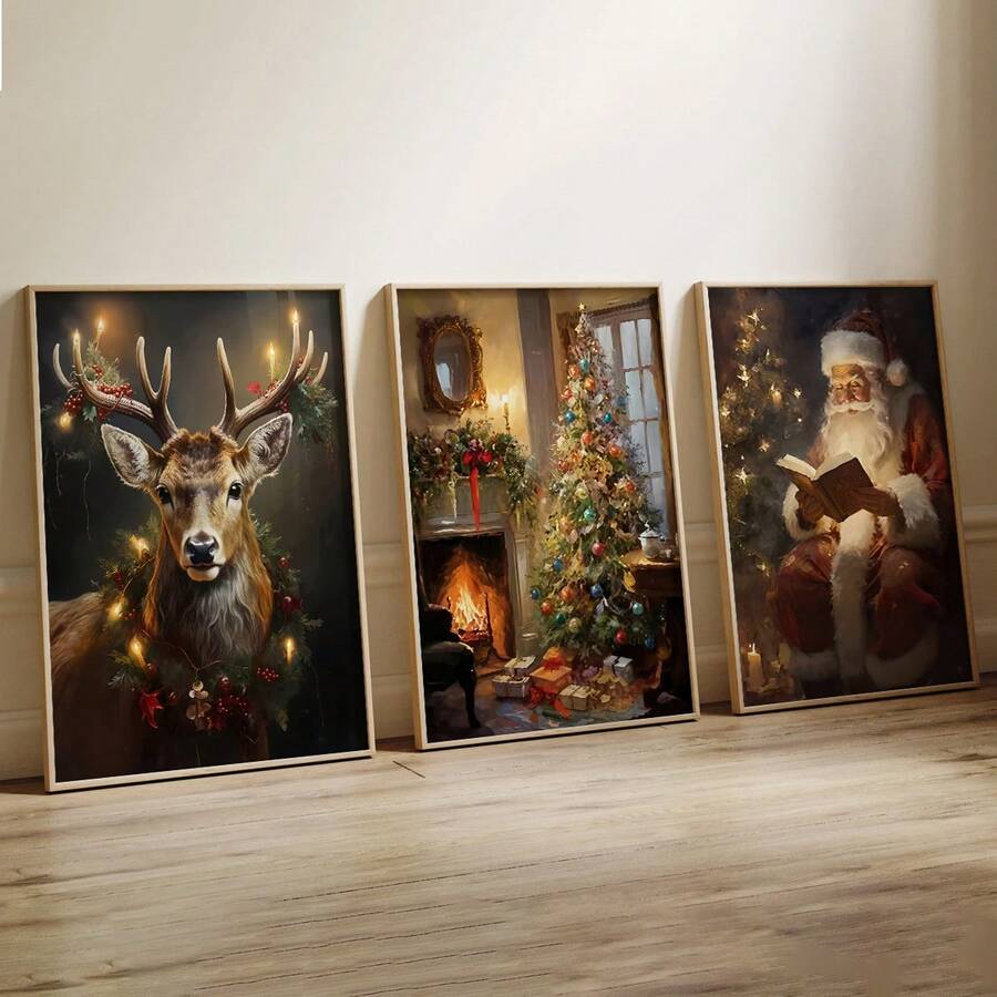 Set de 3 piezas de arte de pared de lienzo navideño - Impresiones de reno, Papá Noel y árbol para decoración festiva del hogar - Perfecto para decoración del hogar, decoración de habitaciones, decoración de dormitorios, decoración de salas de estar, decoración de baños, decoración de paredes, decoraciones navideñas para el hogar, con opción de arte de pared con marco - Multicolor - Ver 1