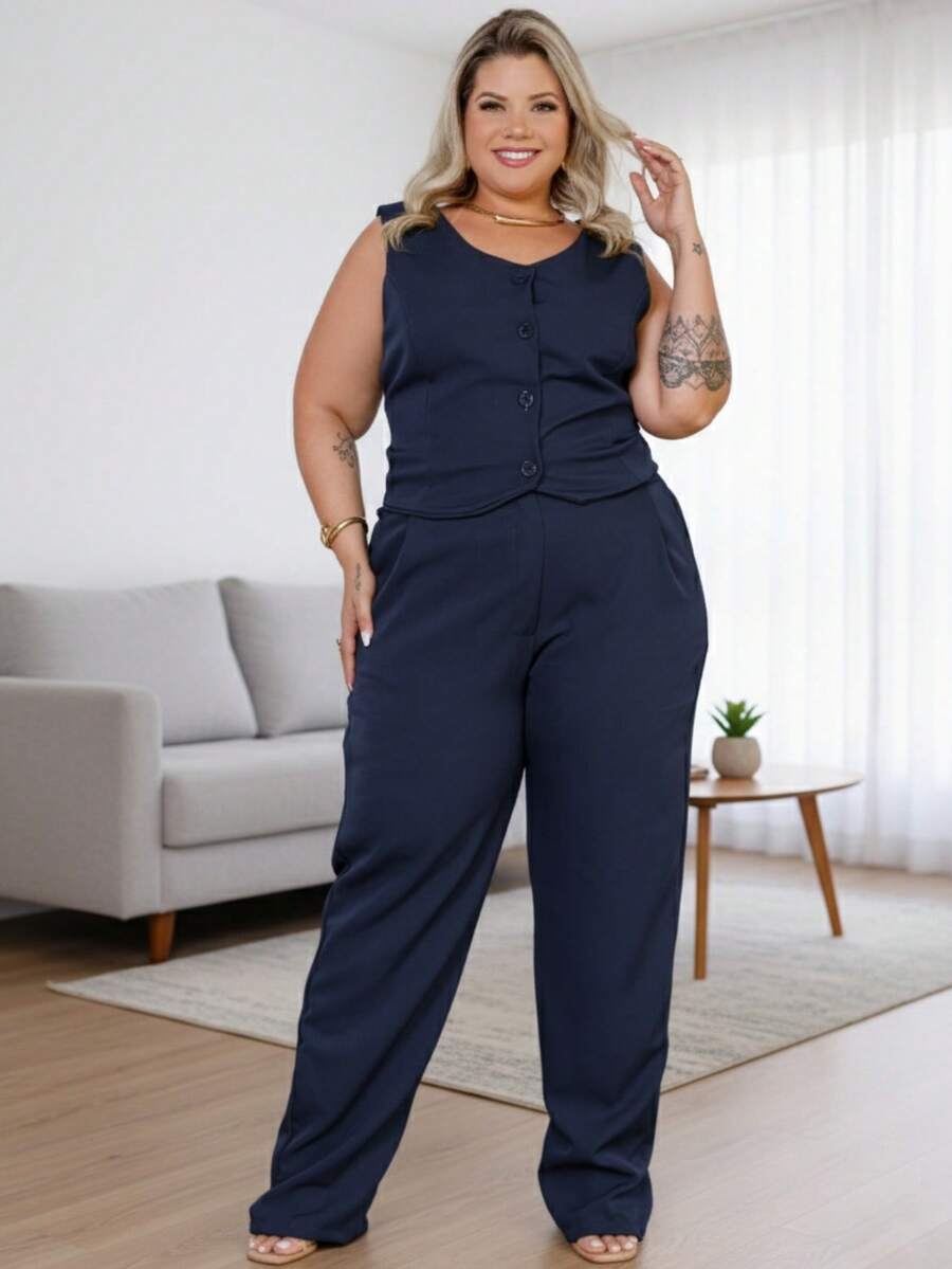 Women's Tailored Plus Size Set 48 50 52 Vest Blouse Dress Pants Cropped Top 46 48 50 52 54 GG G1 G2 - Premium - 藏蓝色 - 查看 1
