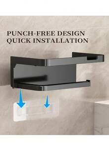 Adhesive Toilet Paper Holder Wall Mounted With Phone Holder Shelf, Plastic, No Need To Drill, For Bathroom, Tissue, Hair Dryer