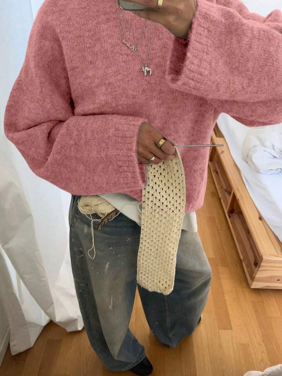 VIBEWAVE Heather Gray Vintage American Style Crew Neck Sweater, Cozy Knit Pullover For Autumn/Winter - Pink - View 1