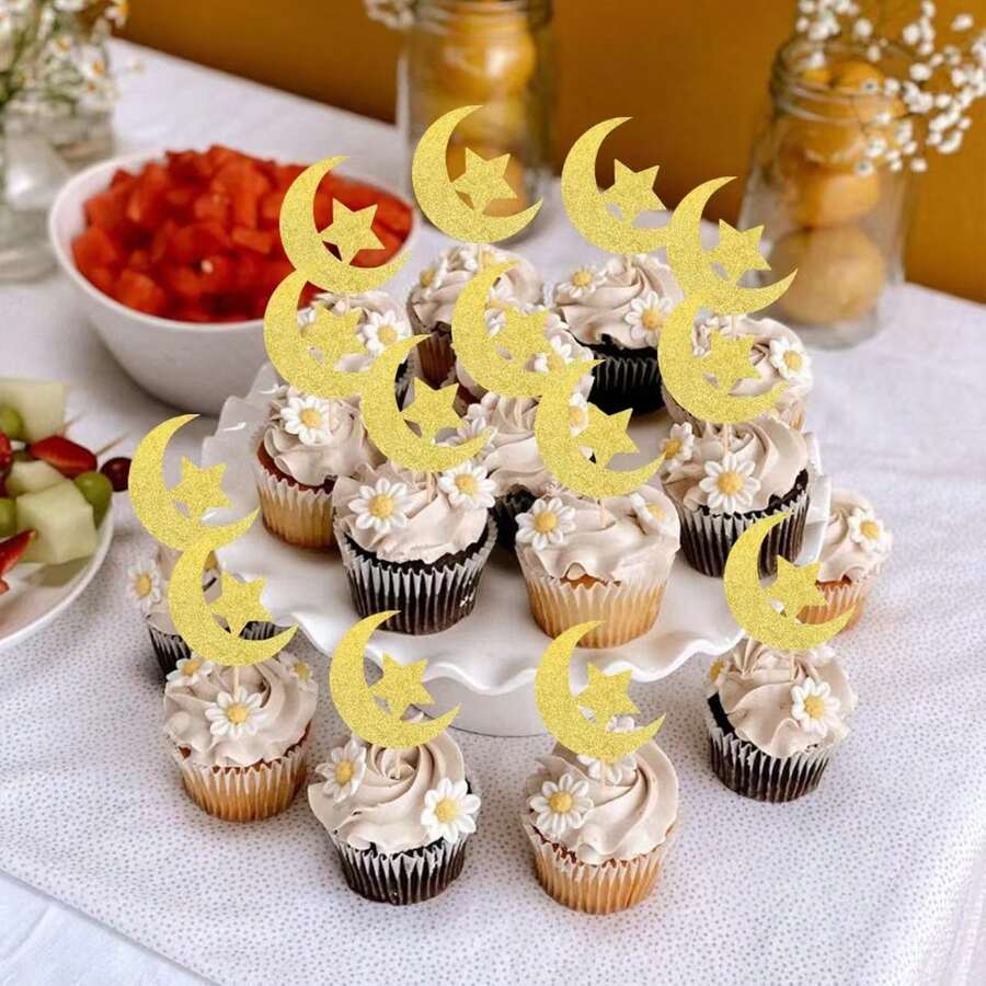 30/50件套新月饼配件，星月节烘焙蛋糕甜点桌装饰插件，派对装饰，蛋糕配件，星月风格，新月饼插页，星月节烘焙蛋糕甜点桌装饰插件 - 彩色 - 查看 1