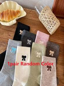 女士加厚保暖罗纹蝴蝶结印花袜，百搭日式秋冬中筒袜 - 彩色 - 查看 11