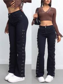 Pantalones de mezclilla de tiro alto y corte ligeramente acampanado, diseño con cintas laterales, tejido suave y elástico, modernos, con personalidad y versátiles. - Negro - Ver 1