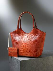 2pcs Elegant Women's Tote,Elegant Large-Capacity Women's Tote | Solid-Color Crocodile-Patterned PU Bag With Secure Zipper, Multi-Pockets, Fixed Strap - Suitable For Work & Outings - trái cam - Xem 2