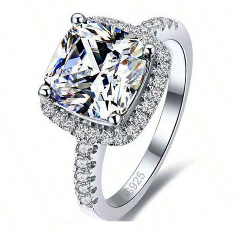 Platinum Plated 4 Carat Princess Cut CZ Simulated Wedding Engagement Proposal Ring - Silver + 12 - View 1