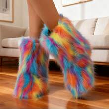 Women's Faux Fur Boots, Plush Round-Toe Suede Winter Comfortable Fluffy Warm Short Flat Shoes, Suitable For Indoor And Outdoor Wear, Mid-Calf Boots, Colorful Blue Fashion Women's Boots, Personalized Women's Shoes.Ankle Boots - 彩藍色 - 查看 2
