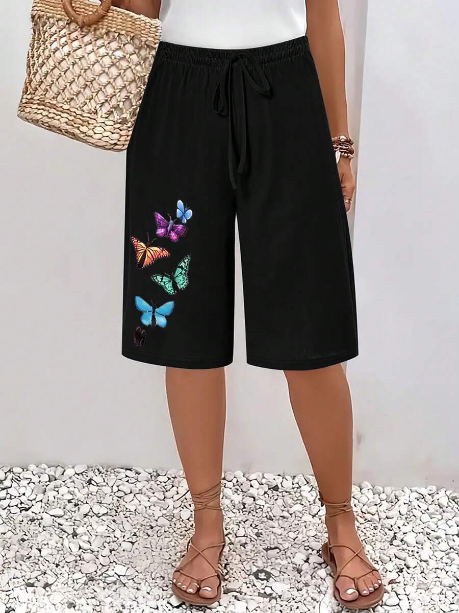 加大码抽绳腰针织运动短裤，搭配亮丽蝴蝶印花直筒百慕大短裤，黑色夏季款 - 黑色 - 查看 1