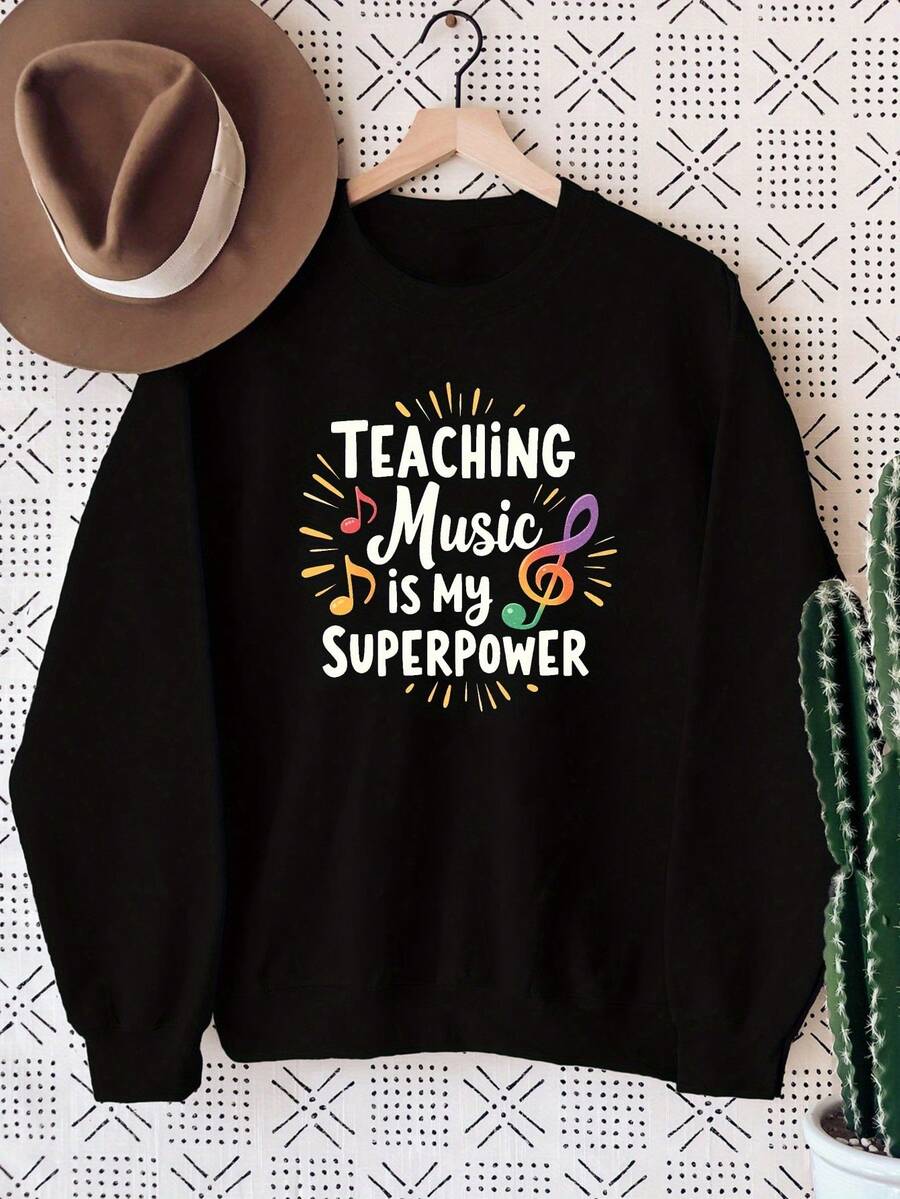 Suéter Gráfico "Enseñar Música es Mi Superpoder" - Jersey Casual de Cuello Redondo para Mujer con Notas Musicales y Estrellas Coloridas, Suave Gris 100% Poliéster, Ajuste Relajado para Otoño y Primavera, Lavable a Máquina, Regalo Ideal para Profesores de Música - Negro - Ver 1