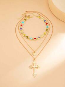 3pcs/Set Vintage Metal Cross Pendant Y-Necklace, Bohemian Style Colorful Crystal Bead Necklace Set, Suitable For Women's Daily And Holiday Wear, Gift For Friends - Yellow Gold - View 8